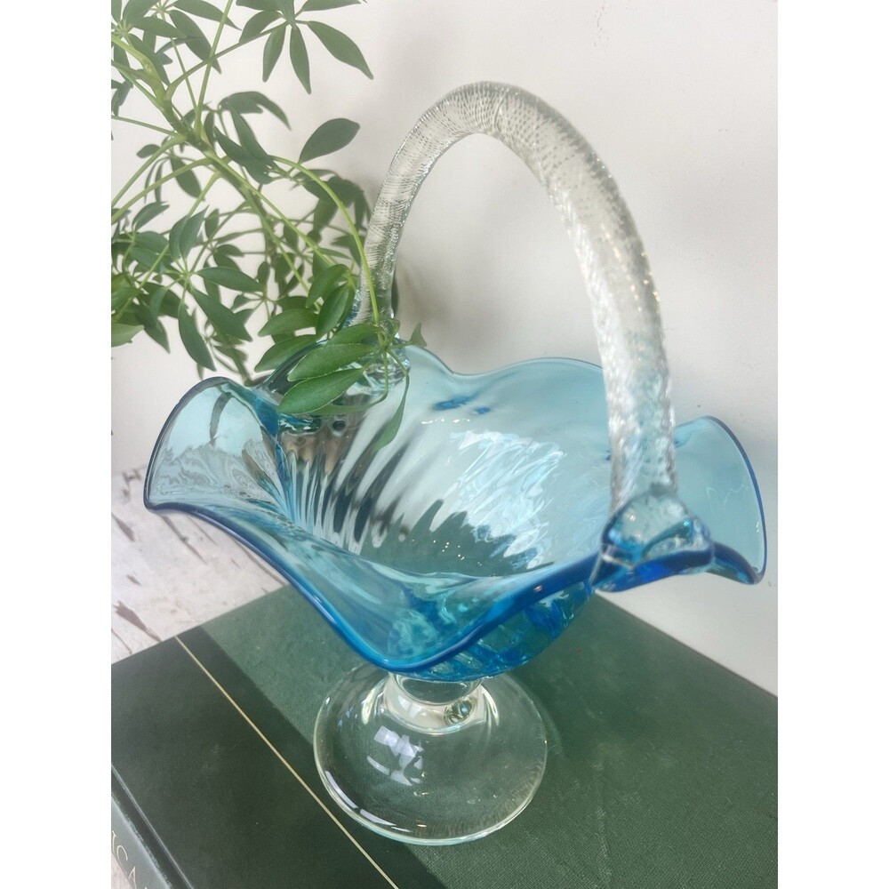 Vintage 1970s Hand Blown Glass Aqua Blue Basket Ruffled Rim  Twisted Handle